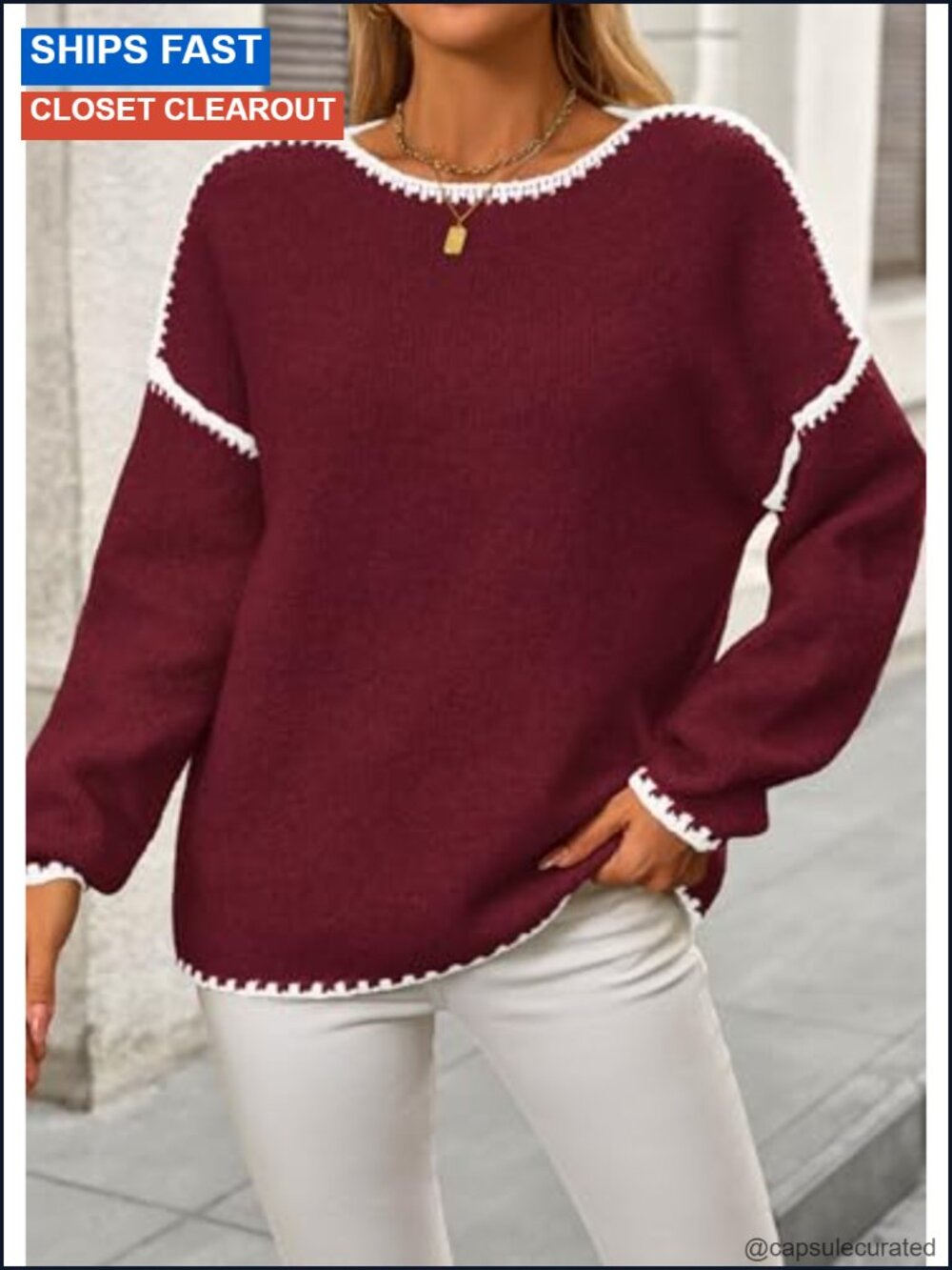 Oversized Chunky Knit Crewneck Pullover Sweater Drop Shoulder - Picture 5 of 6